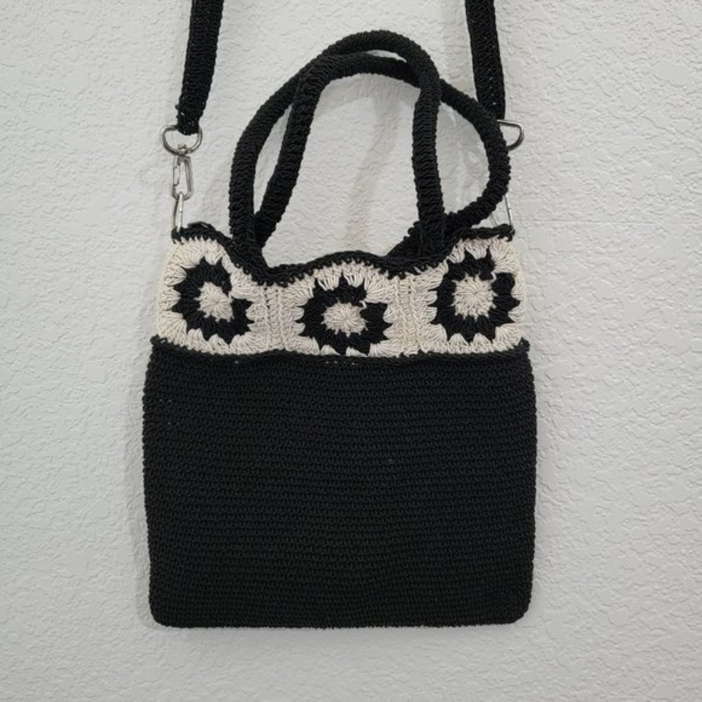 Women's Sun Pattern Crochet Knit Mini Crossbody Bag in Black and White